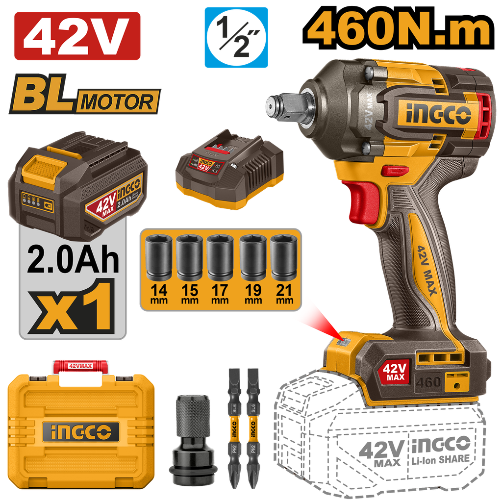 INGCO KIT LLAVE IMPACTO 1/2" 42V 460NM C/BAT. 2AH