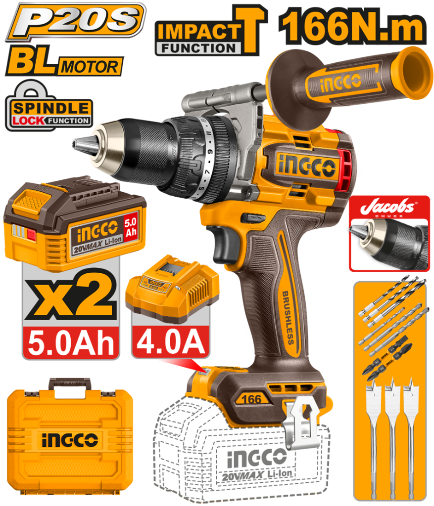 INGCO KIT TALADRO PERC.  20V 166NM + 2 BAT. 5AH