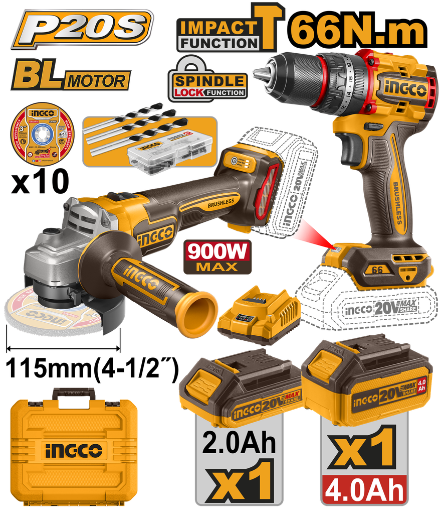 INGCO KIT TALADRO P.+AMOLAD. 115MM 20V + 2 BA. 4AH