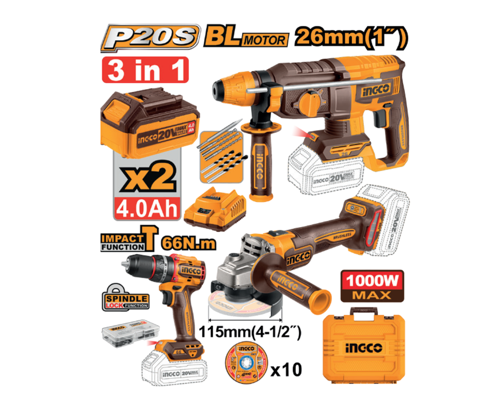 INGCO KIT TALADRO+AMOLAD.+MARTILLO 20V +2 B. 4AH