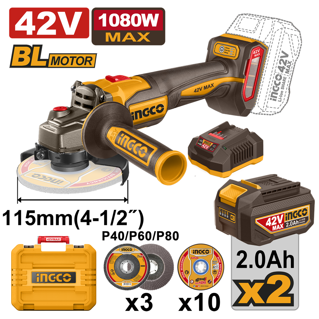 INGCO KIT AMOLADORA 42V 115MM C/BAT. 2AH