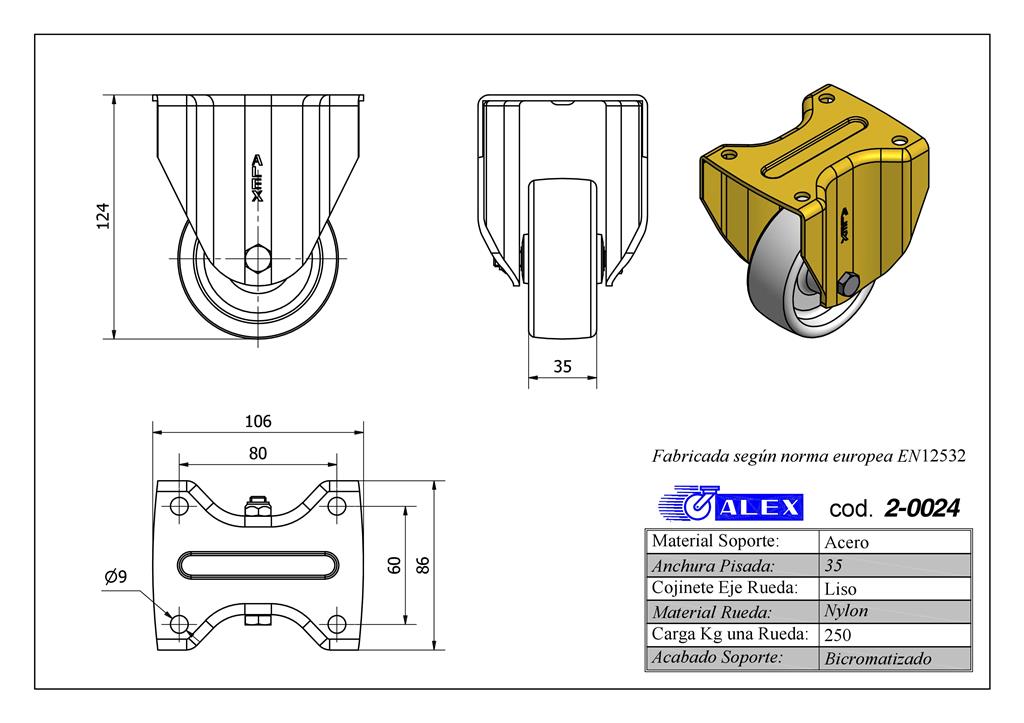 RUEDA ALEX 2-0024 Ø80MM FIJA 250KG NYLON