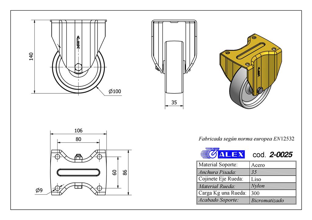 RUEDA ALEX 2-0025 Ø100MM FIJA 300KG NYLON