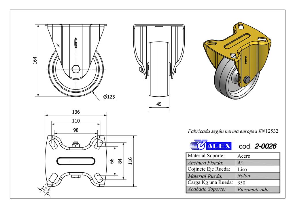 RUEDA ALEX 2-0026 Ø125MM FIJA 350KG NYLON