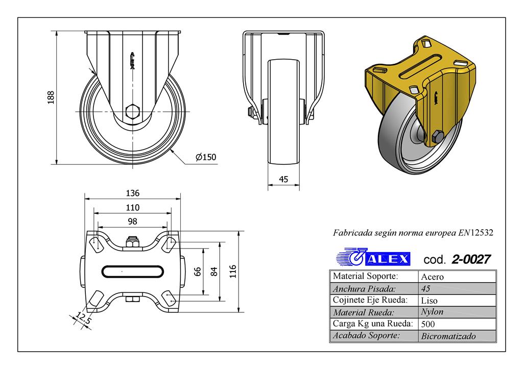 RUEDA ALEX 2-0027 Ø150MM FIJA 500KG NYLON