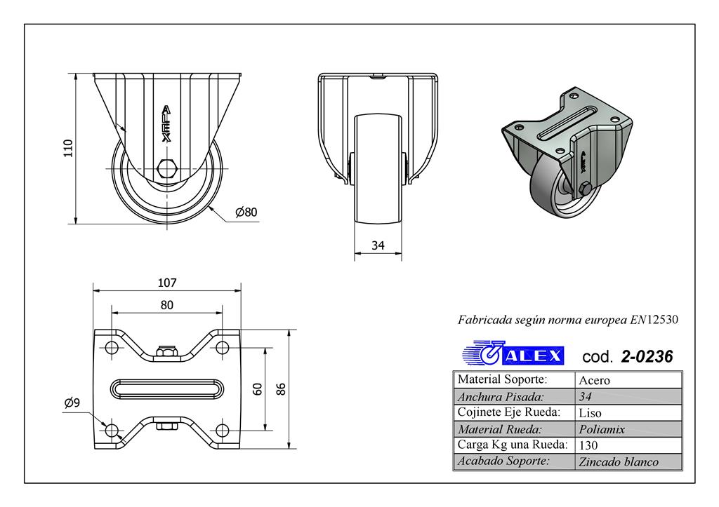 RUEDA ALEX 2-0236 Ø80MM FIJA 130KG NYLON