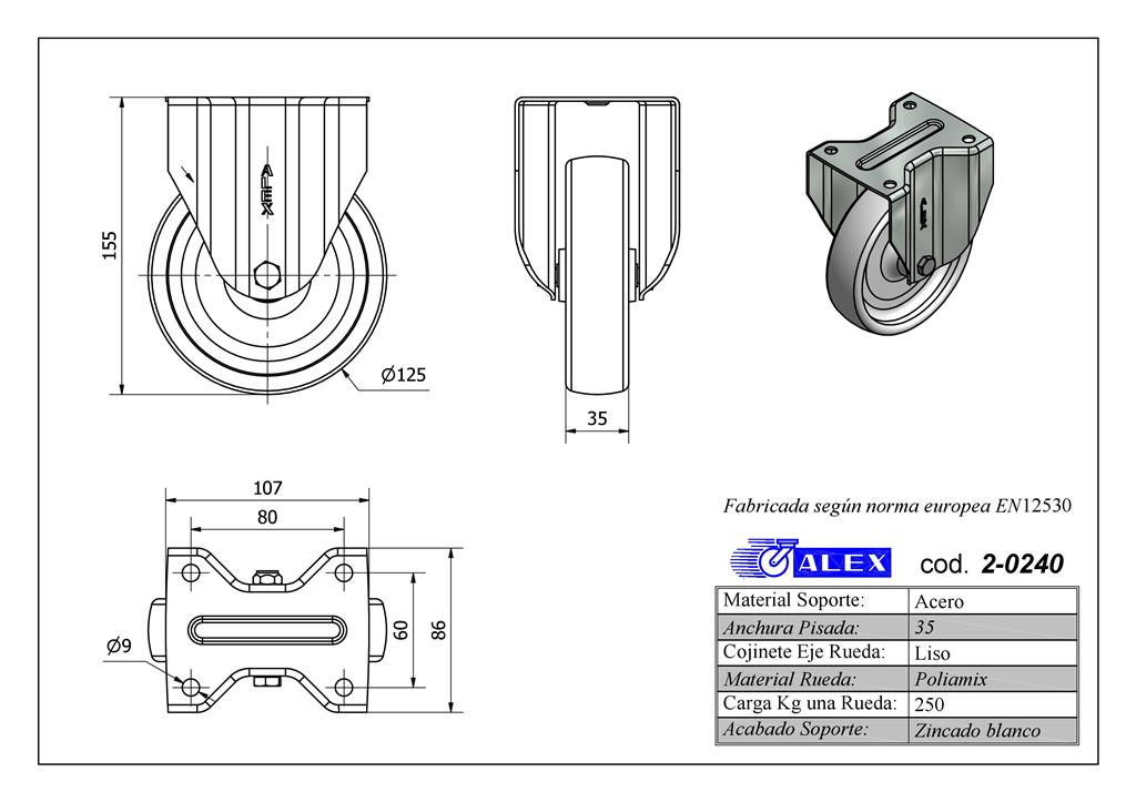 RUEDA ALEX 2-0240 Ø125MM FIJA 250KG NYLON