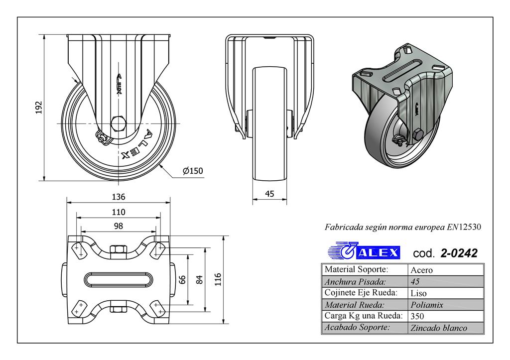 RUEDA ALEX 2-0242 Ø150MM FIJA 350KG NYLON