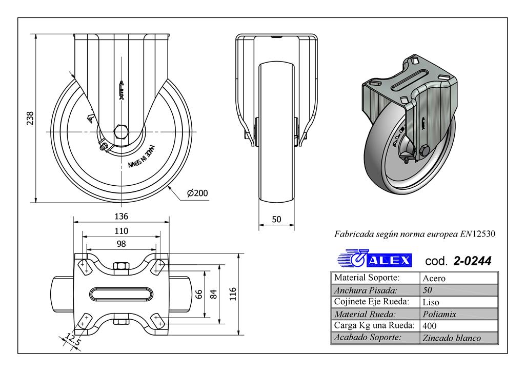RUEDA ALEX 2-0244 Ø200MM FIJA 400KG NYLON