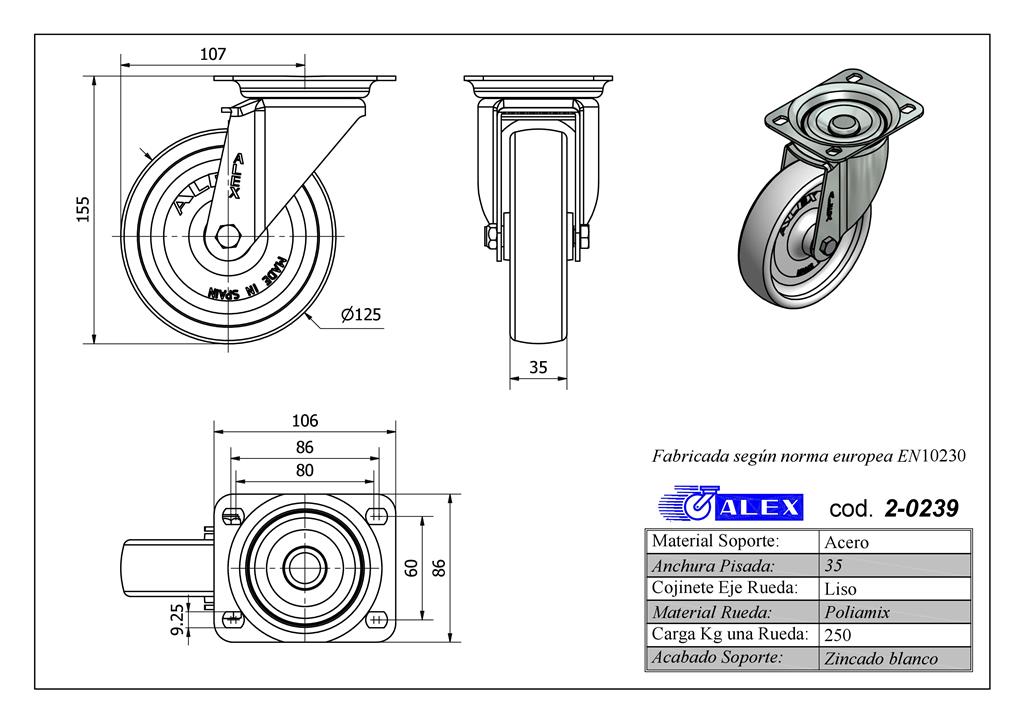 RUEDA ALEX 2-0239 Ø125MM GIRAT. 250KG NYLON