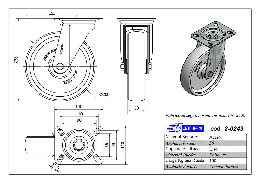 RUEDA ALEX 2-0243 Ø200MM GIRAT. 400KG NYLON