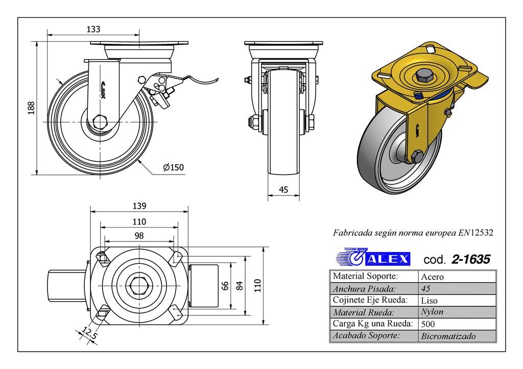 RUEDA ALEX 2-1635 Ø150MM GIRAT. FRENO 500KG NYLON