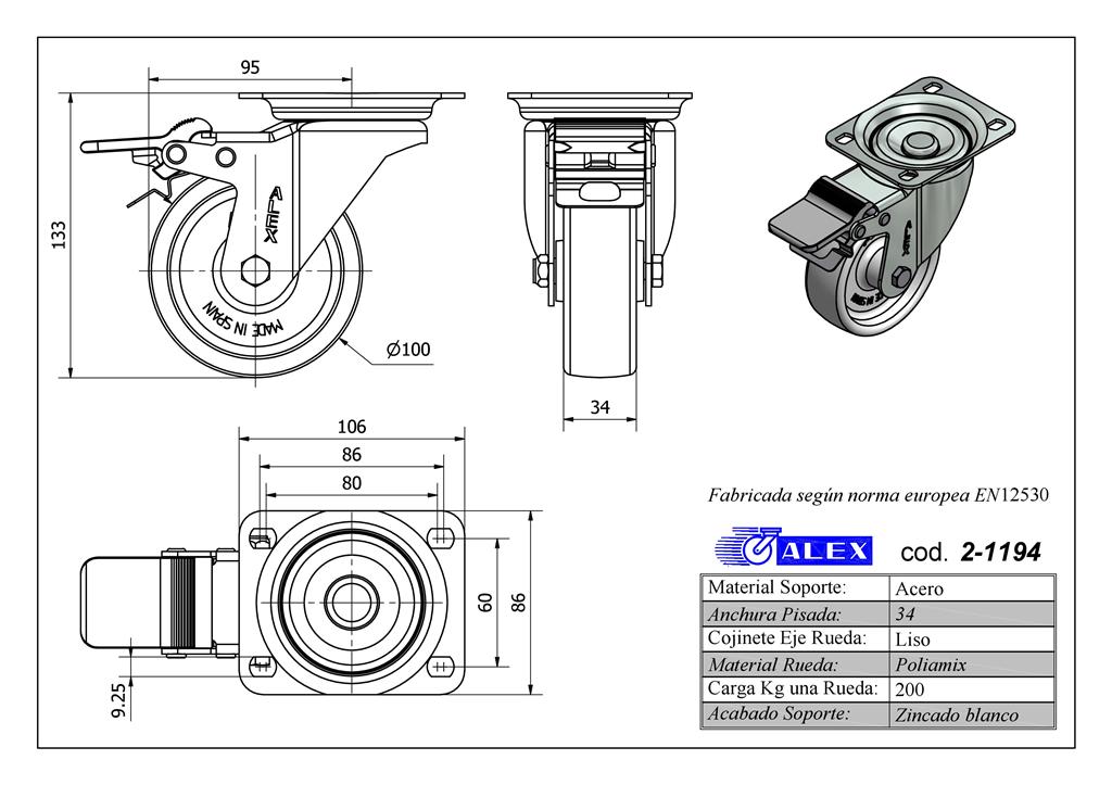 RUEDA ALEX 2-1194 Ø100MM GIRAT. FRENO 200KG NYLON