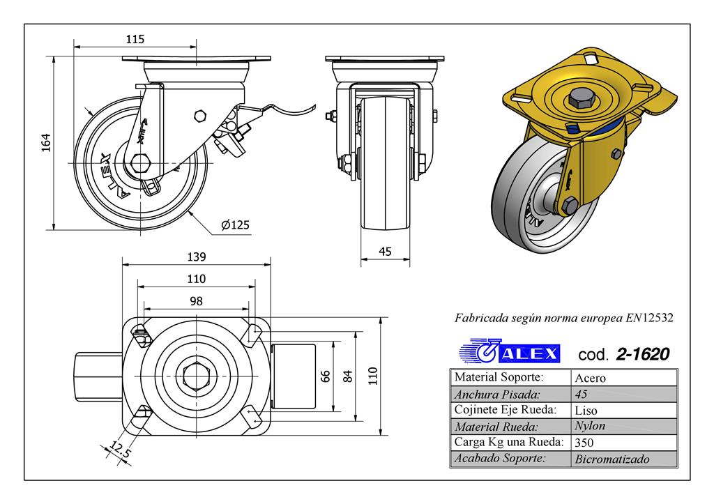 RUEDA ALEX 2-1620 Ø125MM GIRAT. FRENO 350KG NYLON