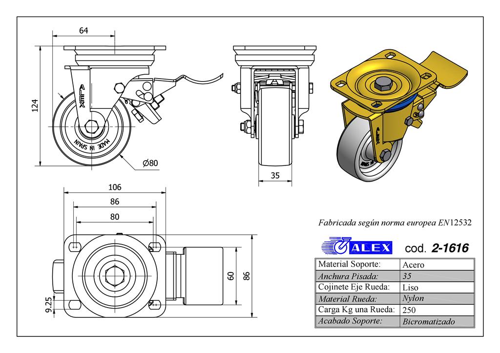 RUEDA ALEX 2-1616 Ø80MM GIRAT. FRENO 250KG NYLON