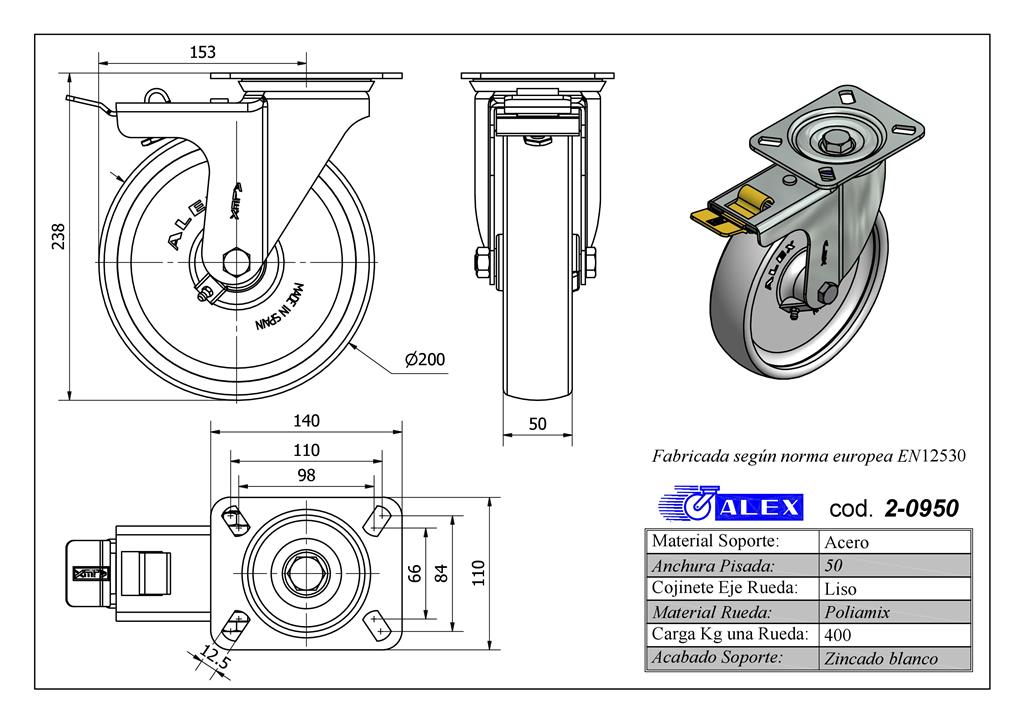 RUEDA ALEX 2-0950 Ø200MM GIRAT. FRENO 400KG NYLON