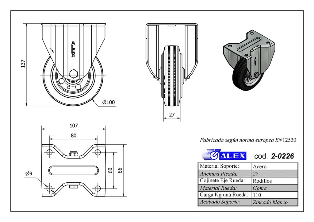 RUEDA ALEX 2-0226 Ø100MM FIJA 110KG GOMA