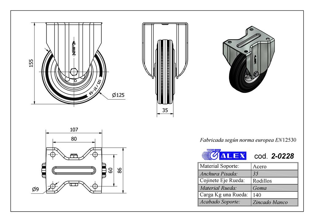 RUEDA ALEX 2-0228 Ø125MM FIJA 140KG GOMA