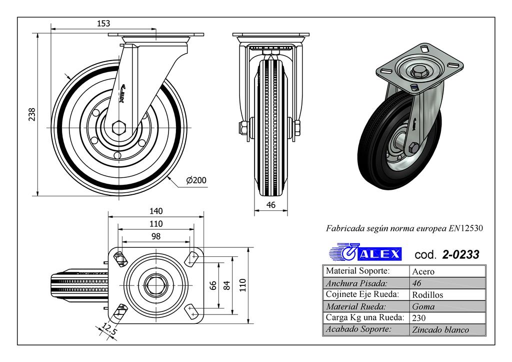 RUEDA ALEX 2-0233 Ø200MM GIRAT. 230KG GOMA