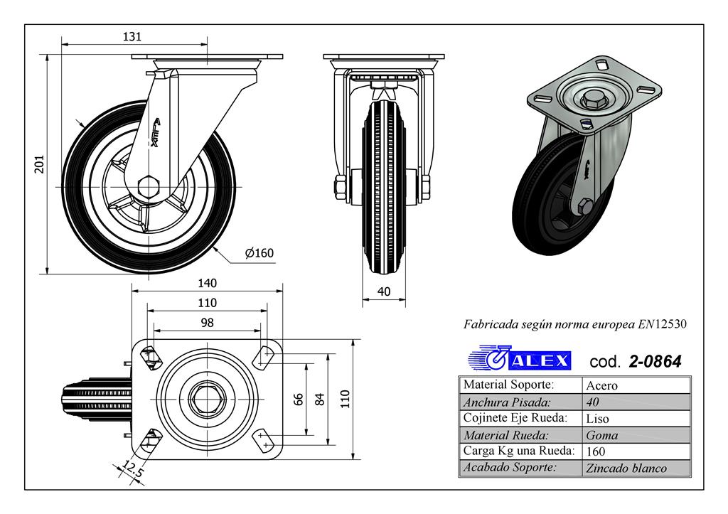 RUEDA ALEX 2-0864 Ø160MM GIRAT. 160KG GOMA