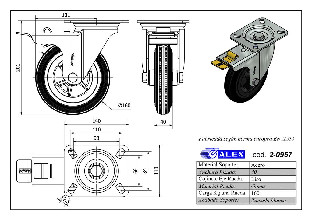 RUEDA ALEX 2-0957 Ø160MM GIRAT. FRENO 160KG GOMA