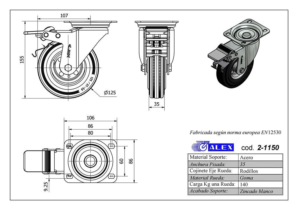 RUEDA ALEX 2-1150 Ø125MM GIRAT. FRENO 140KG GOMA