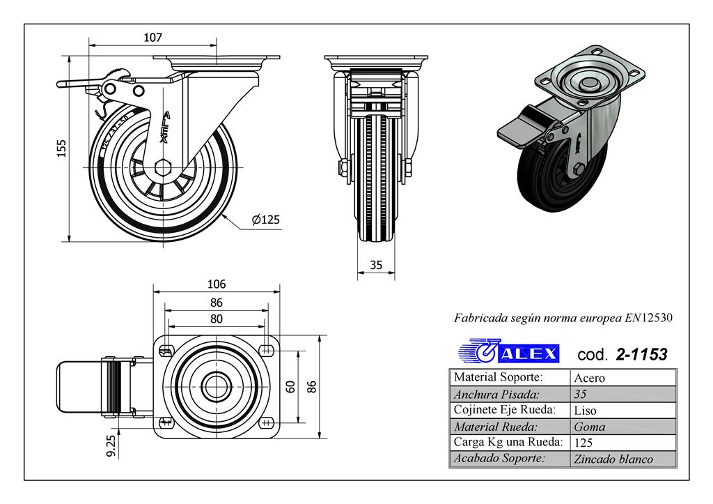 RUEDA ALEX 2-1153 Ø125MM GIRAT. FRENO 125KG GOMA