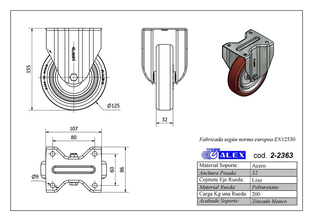 RUEDA ALEX 2-2363 Ø125MM FIJA 200KG PU