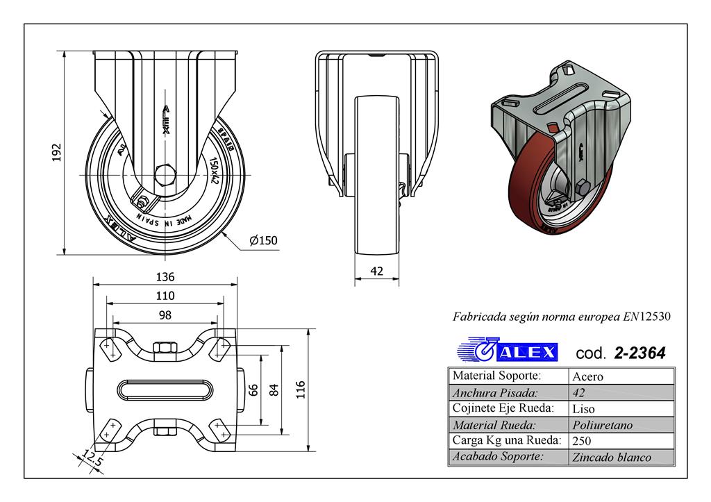 RUEDA ALEX 2-2364 Ø150MM FIJA 250KG PU