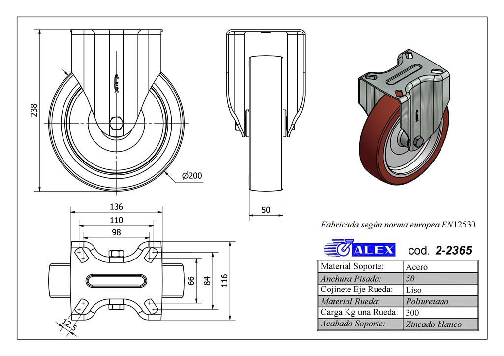 RUEDA ALEX 2-2365 Ø200MM FIJA 300KG PU