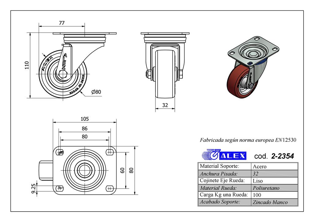 RUEDA ALEX 2-2354 Ø80MM GIRAT. 100KG PU