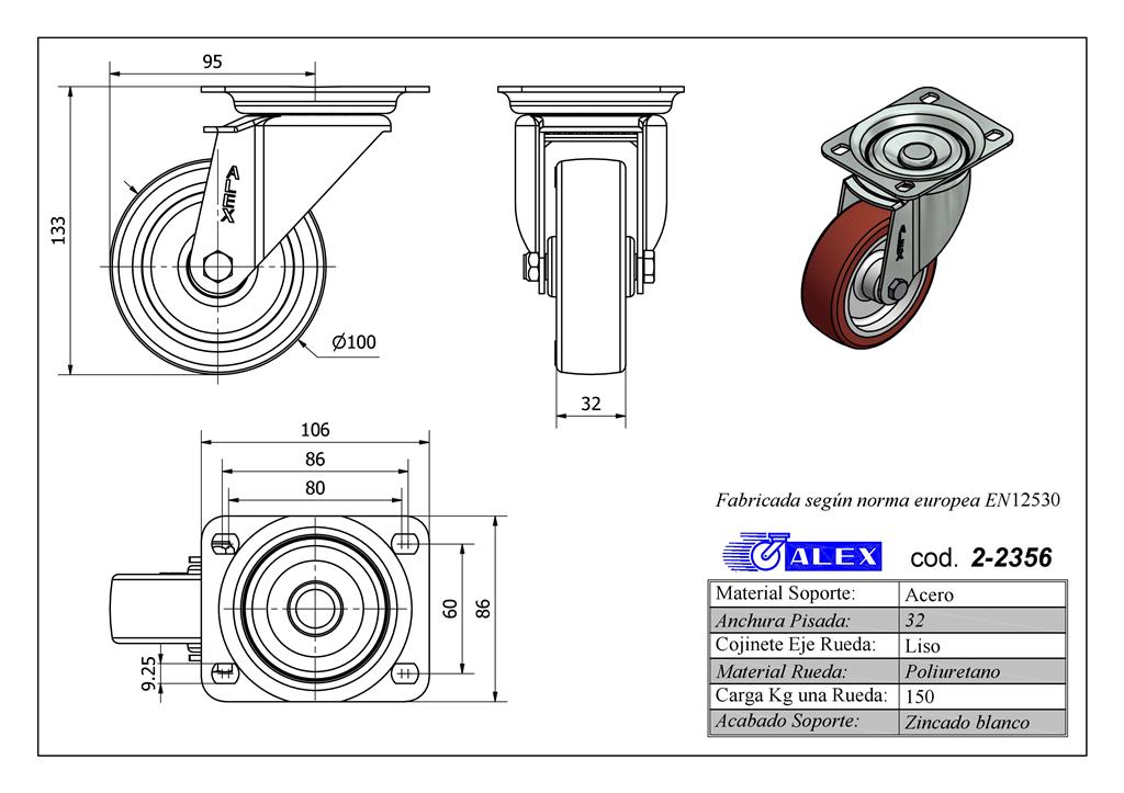 RUEDA ALEX 2-2356 Ø100MM GIRAT.150KG PU