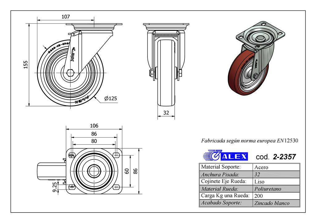 RUEDA ALEX 2-2357 Ø125MM GIRAT. 200KG PU