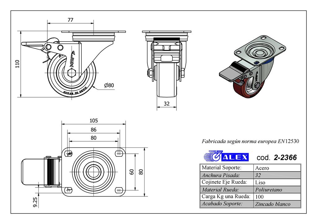 RUEDA ALEX 2-2366 Ø80MM GIRAT. FRENO 100KG PU