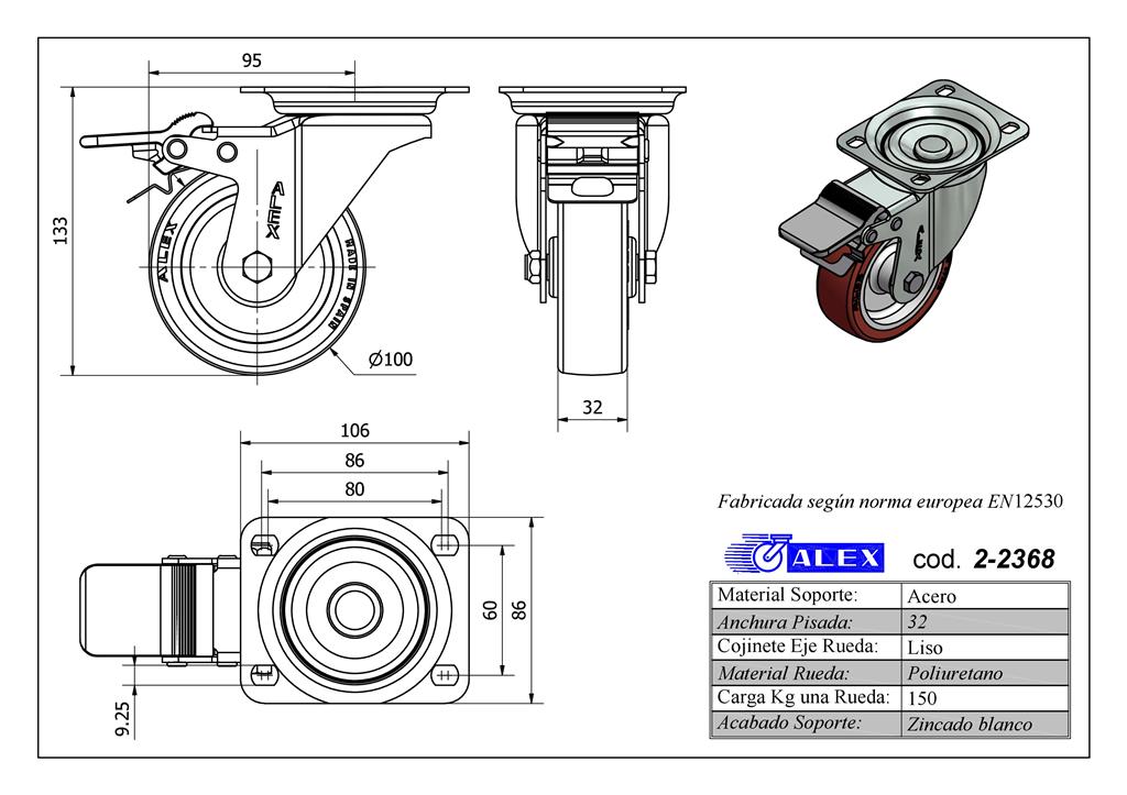 RUEDA ALEX 2-2368 Ø100MM GIRAT. FRENO 150KG PU