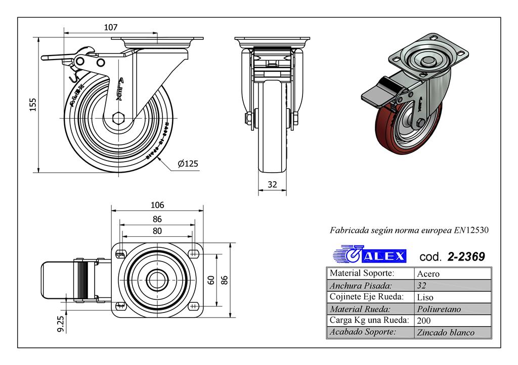 RUEDA ALEX 2-2369 Ø125MM GIRAT. FRENO 200KG PU