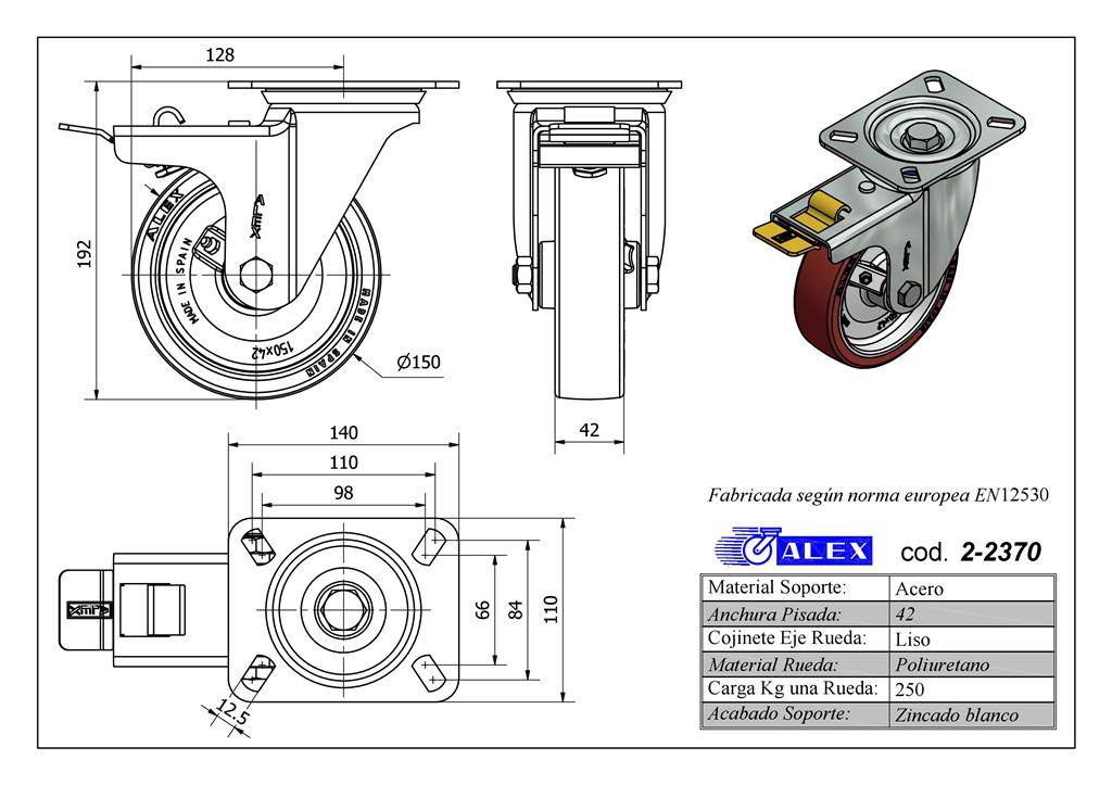 RUEDA ALEX 2-2370 Ø150MM GIRAT. FRENO 250KG PU