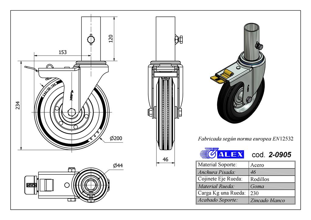RUEDA ALEX 2-0905 Ø200MM ANDAMIO FRENO 230KG GOMA