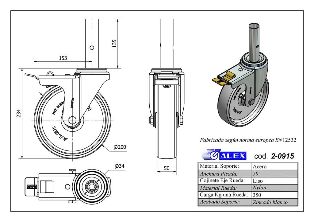 RUEDA ALEX 2-0915 Ø200MM ANDAMIO FRENO 350KG NYLON