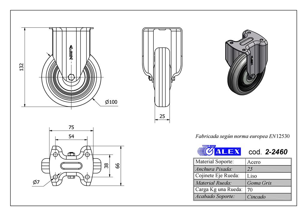 RUEDA ALEX 2-2460 Ø100MM FIJA 70KG GOMA GRIS