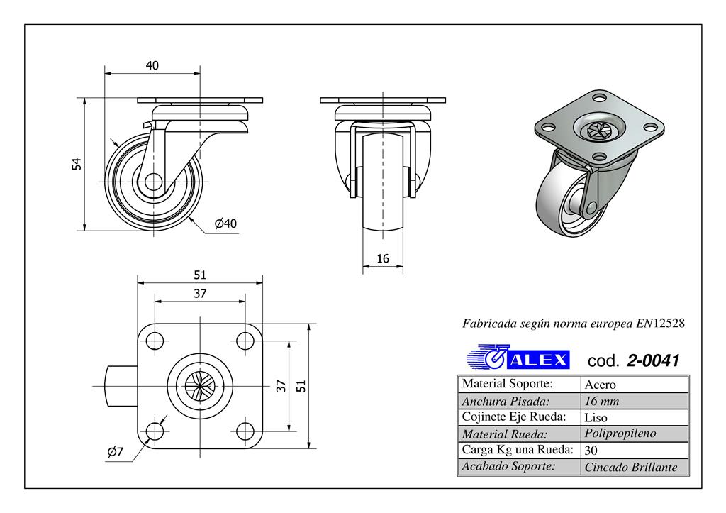 RUEDA ALEX 2-0041 Ø40MM GIRAT. 30KG NYLON
