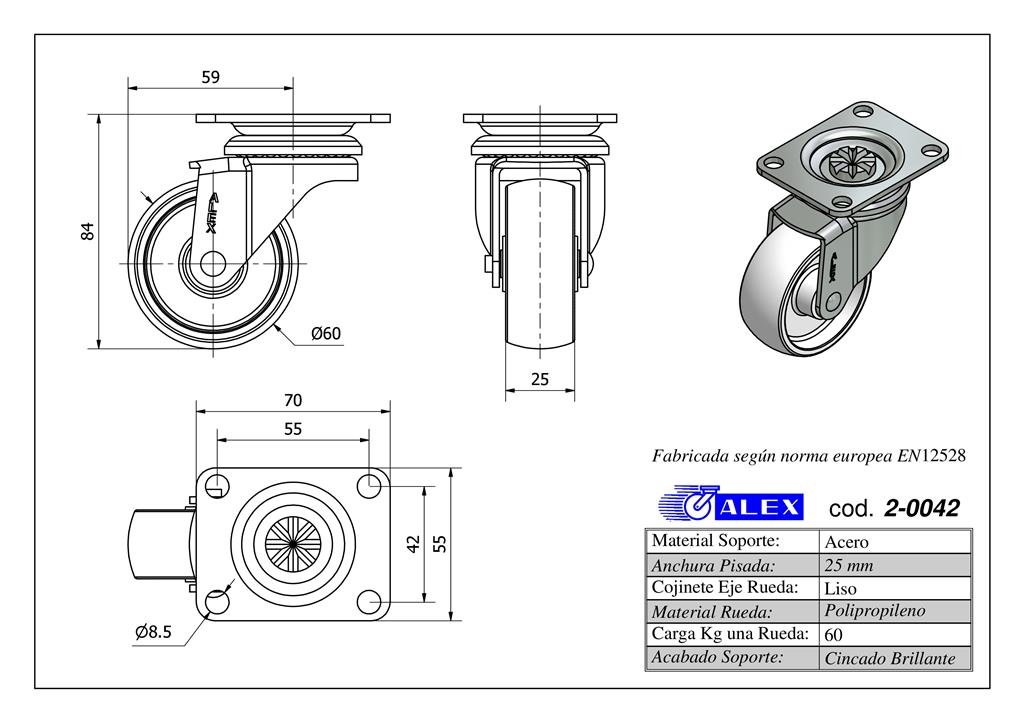 RUEDA ALEX 2-0042 Ø60MM GIRAT. 60KG NYLON
