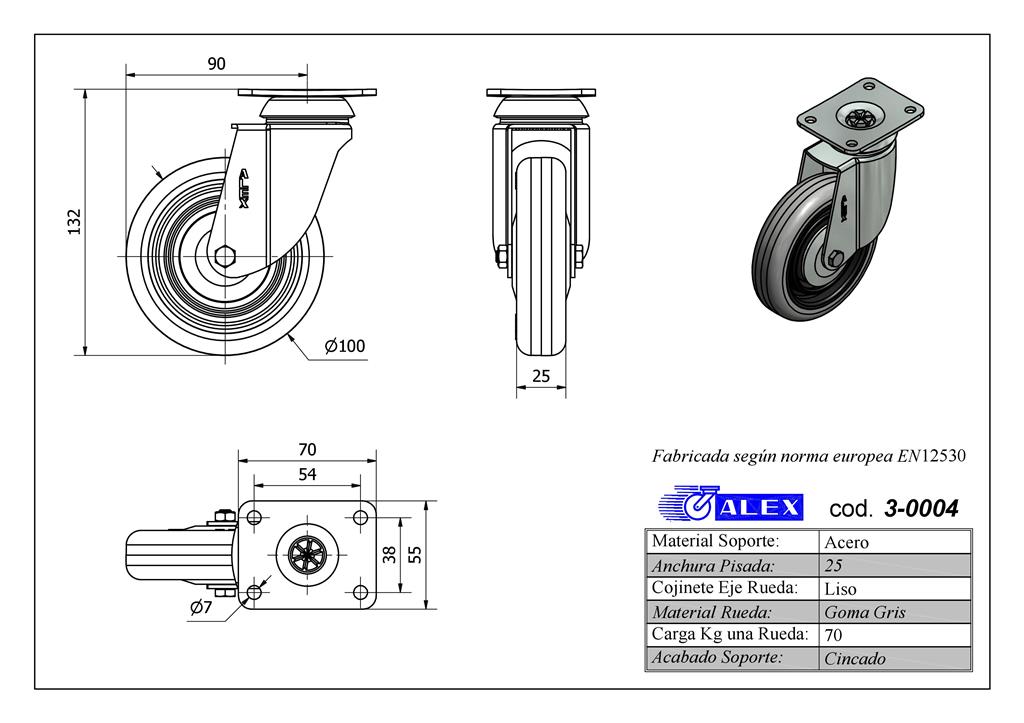 RUEDA ALEX 3-0004 Ø100MM GIRAT. 70KG GOMA GRIS