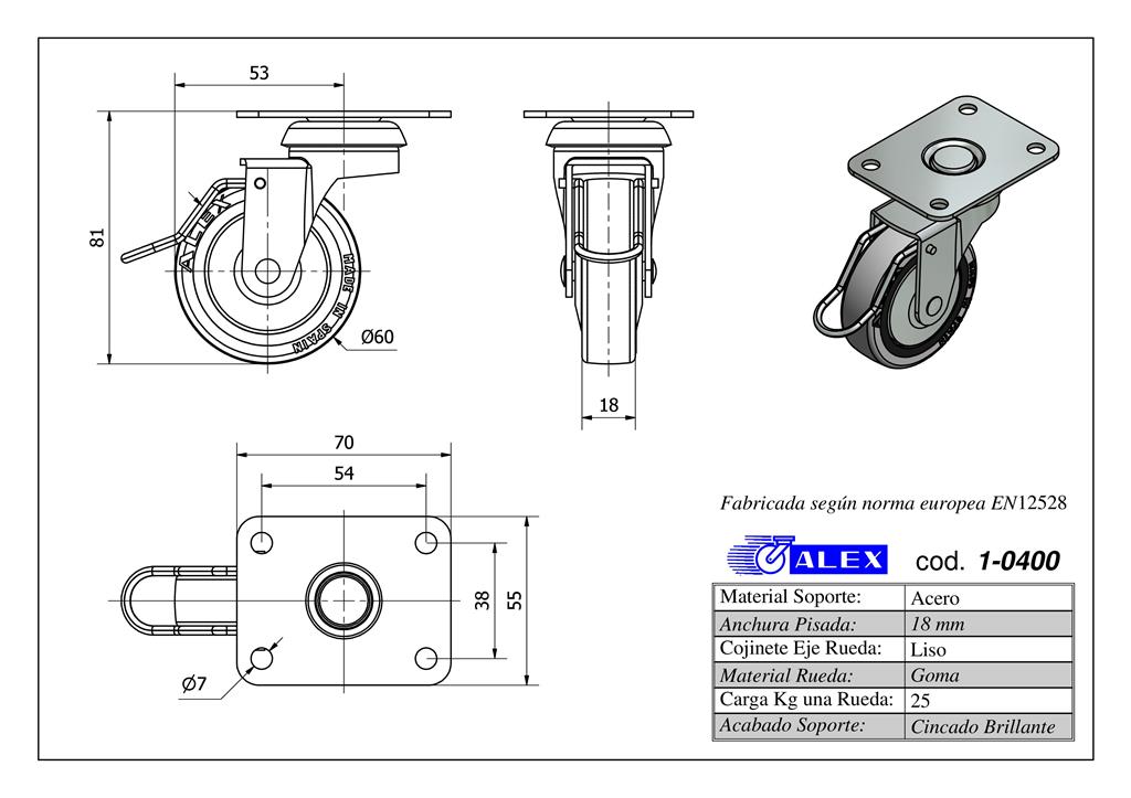 RUEDA ALEX 1-0400 Ø60MM GIRAT. FRENO 25KG GOMA GRI