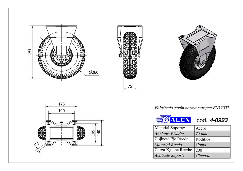 RUEDA ALEX 4-0923 Ø260MM FIJA 200KG NEUMATICA