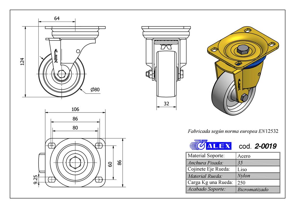 RUEDA ALEX 2-0019 Ø80MM GIRAT. 250KG NYLON
