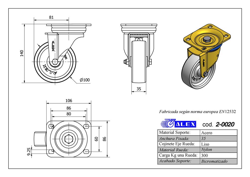 RUEDA ALEX 2-0020 Ø100MM GIRAT. 300KG NYLON