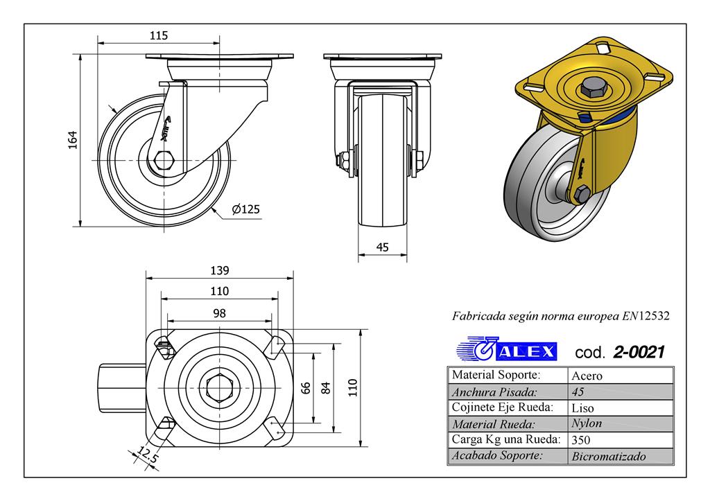RUEDA ALEX 2-0021 Ø125MM GIRAT. 350KG NYLON