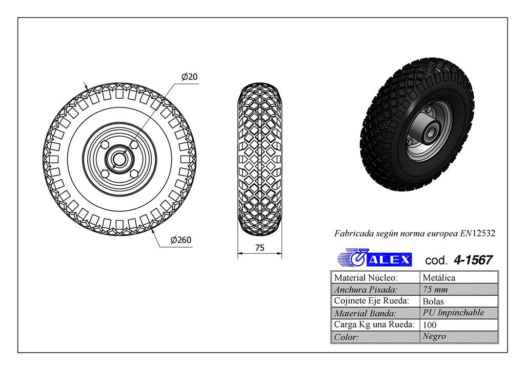 RUEDA ALEX 4-1567 Ø260MM 100KG IMPINCHABLE
