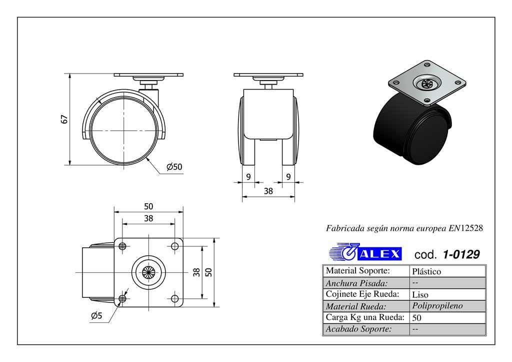 RUEDA ALEX 1-0129 Ø50MM GIRAT. 50KG PLASTICO